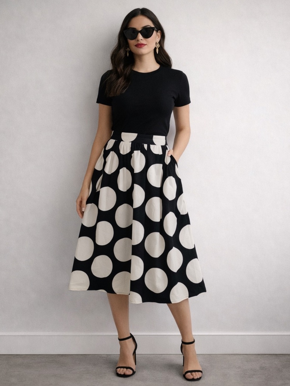 ModCloth Black and Cream Polka Dot Midi Skirt